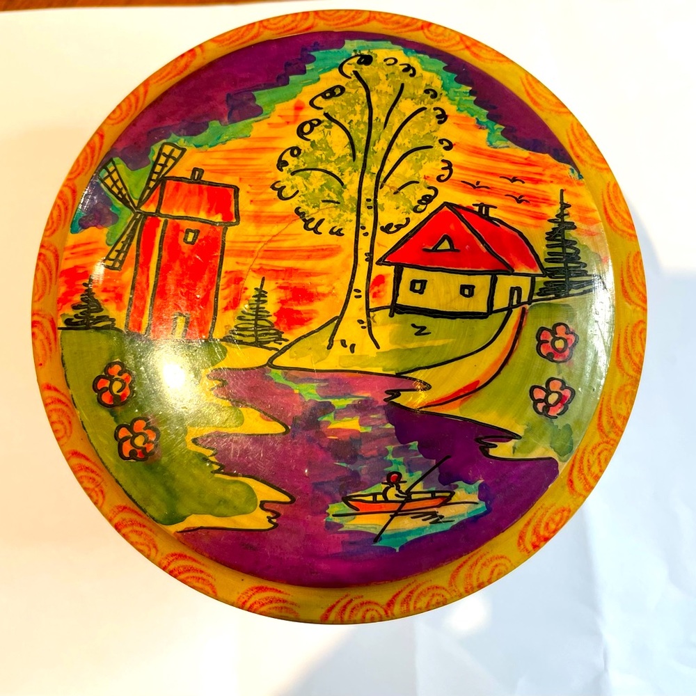 Russian vintage wooden box pastoral folk art design